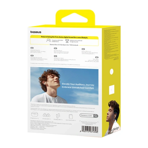 Bezprzewodowe słuchawki Baseus Bass 15 Clip OWS + kabel Baseus Simple USB-C 3A 30cm białe