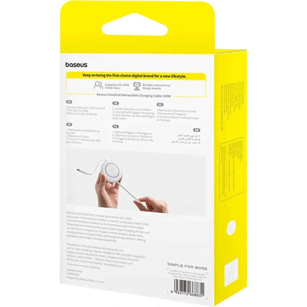 Kabel zwijany Baseus Free2Pull Mini 100W USB-C / USB-C 2m biały