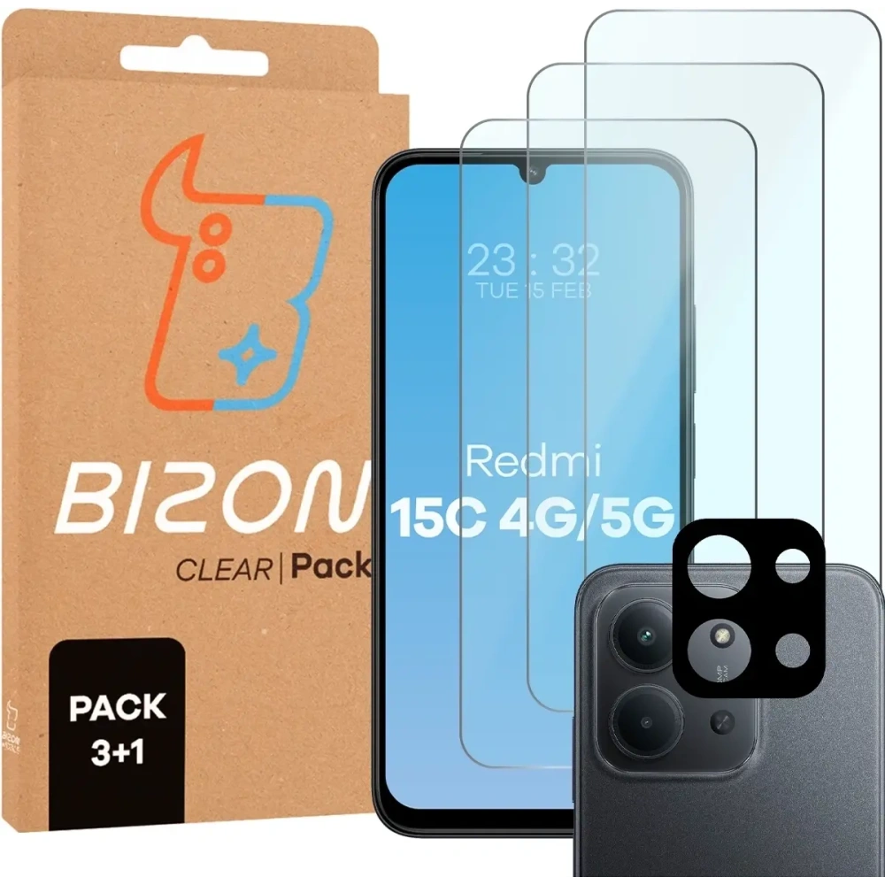 3x Szkło hartowane + szybka na aparat Bizon Glass Clear Pack do Xiaomi Redmi 15C 4G / 5G