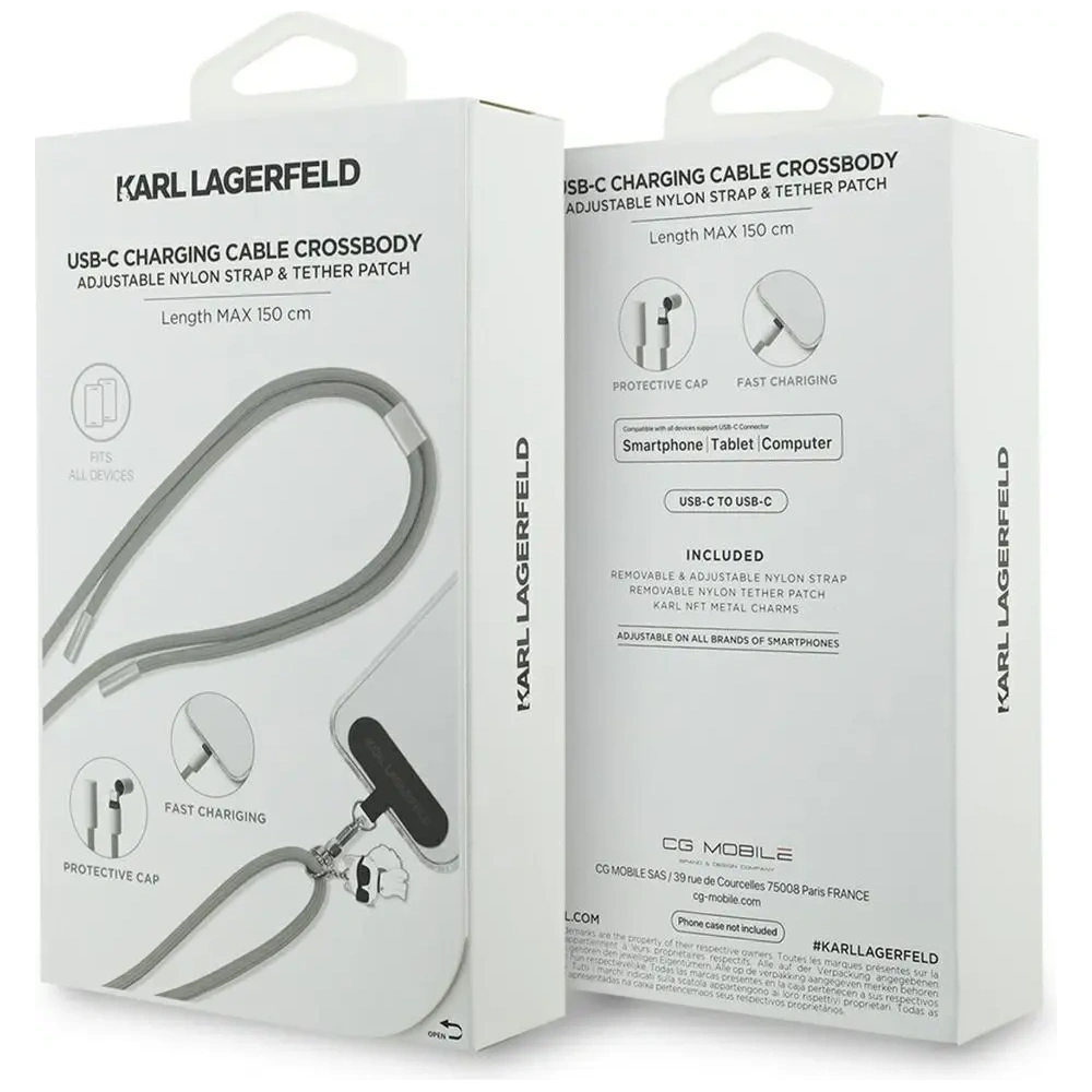 Uniwersalna smycz kabel Karl Lagerfeld CBDY Choupette Charm USB-C / USB-C szary