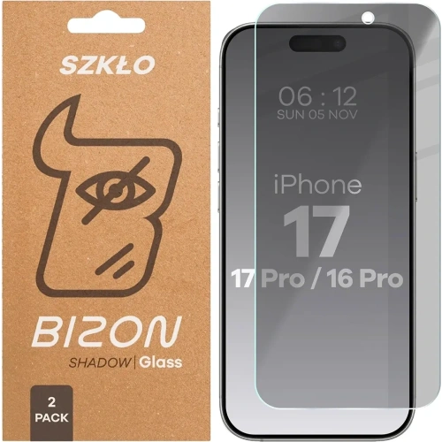 Prywatyzujące szkło hartowane Bizon Glass Clear Shadow Duo do Apple iPhone 17 / 17 Pro / 16 Pro przyciemniane [2 PACK]