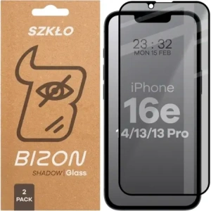Prywatyzujące szkło hartowane Bizon Glass Edge Shadow Duo do Apple iPhone 16e / 14 / 13 Pro / 13 przyciemniane z czarną ramką [2 PACK]