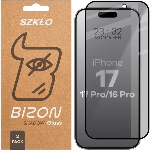 Prywatyzujące szkło hartowane Bizon Glass Edge Shadow Duo do Apple iPhone 17 / 17 Pro / 16 Pro przyciemniane z czarną ramką [2 PACK]