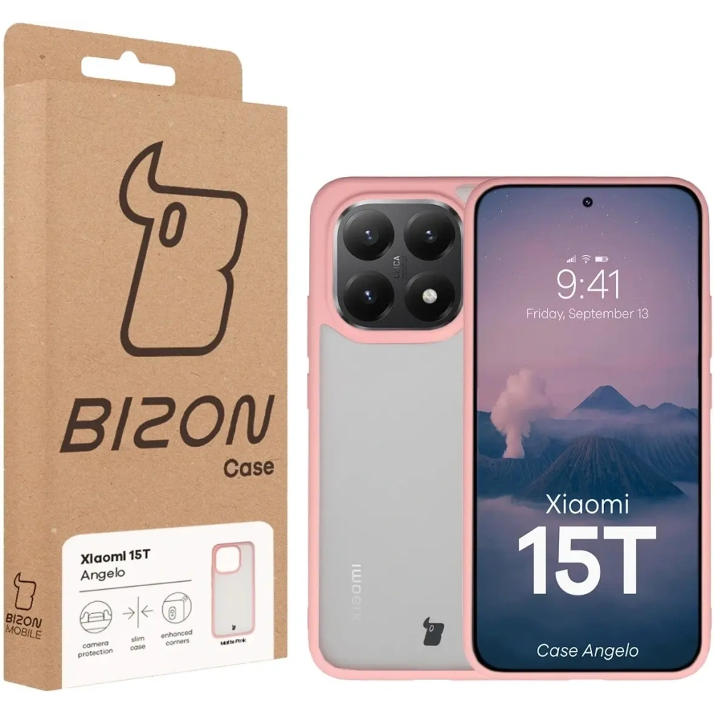 Etui Bizon Case Angelo do Xiaomi 15T półprzezroczyste z jasnoróżową ramką
