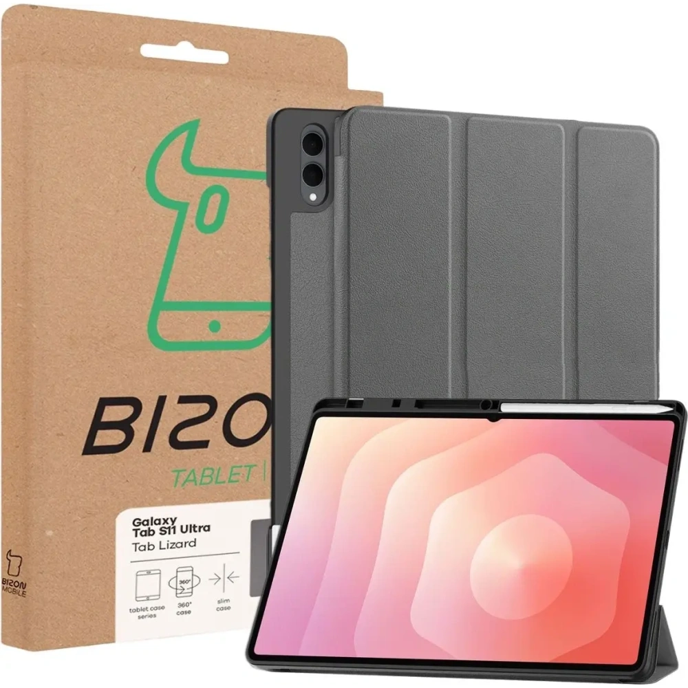 Etui z klapką Bizon Case Tab Lizard do Samsung Galaxy Tab S11 Ultra szare