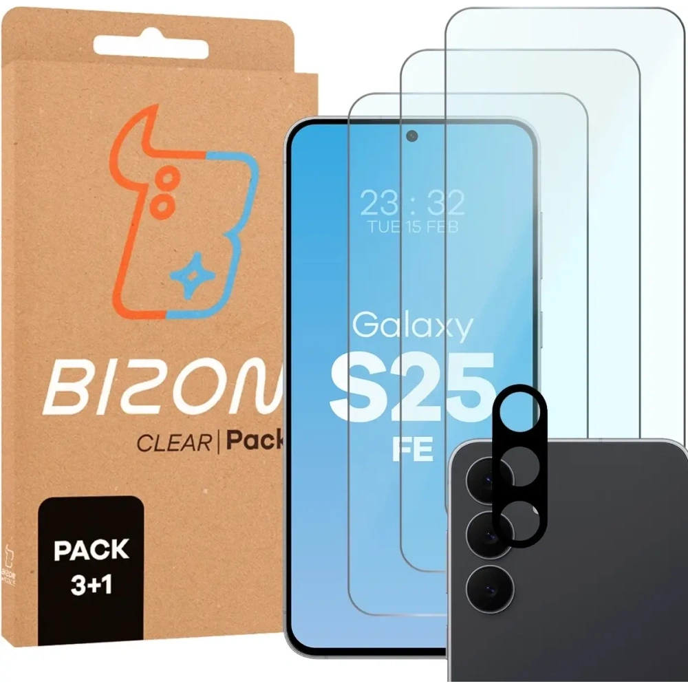 3x Szkło hartowane + szybka na aparat Bizon Glass Clear Pack do Samsung Galaxy S25 FE