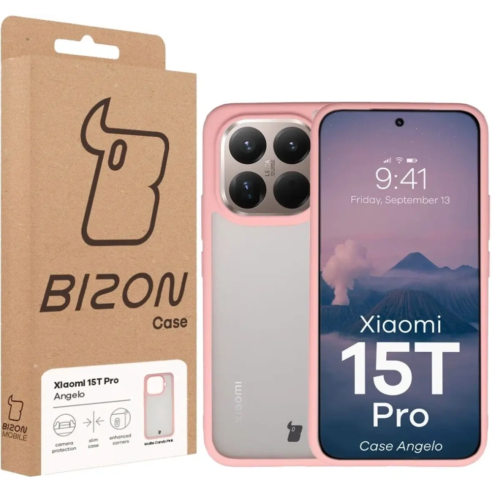 Etui Bizon Case Angelo do Xiaomi 15T Pro półprzezroczyste z jasnoróżową ramką