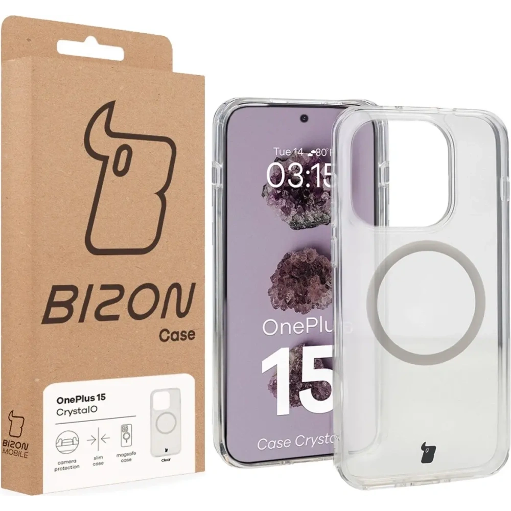 Etui z pierścieniem magnetycznym Bizon Case CrystalO do OnePlus 15 przezroczyste