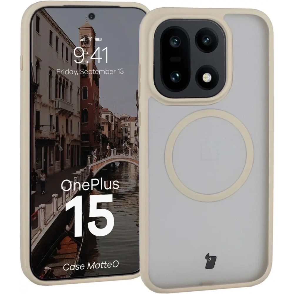 Etui z pierścieniem magnetycznym Bizon Case MatteO do OnePlus 15 przydymione-beżowe
