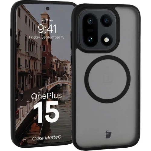 Etui z pierścieniem magnetycznym Bizon Case MatteO do OnePlus 15 przydymione-czarne
