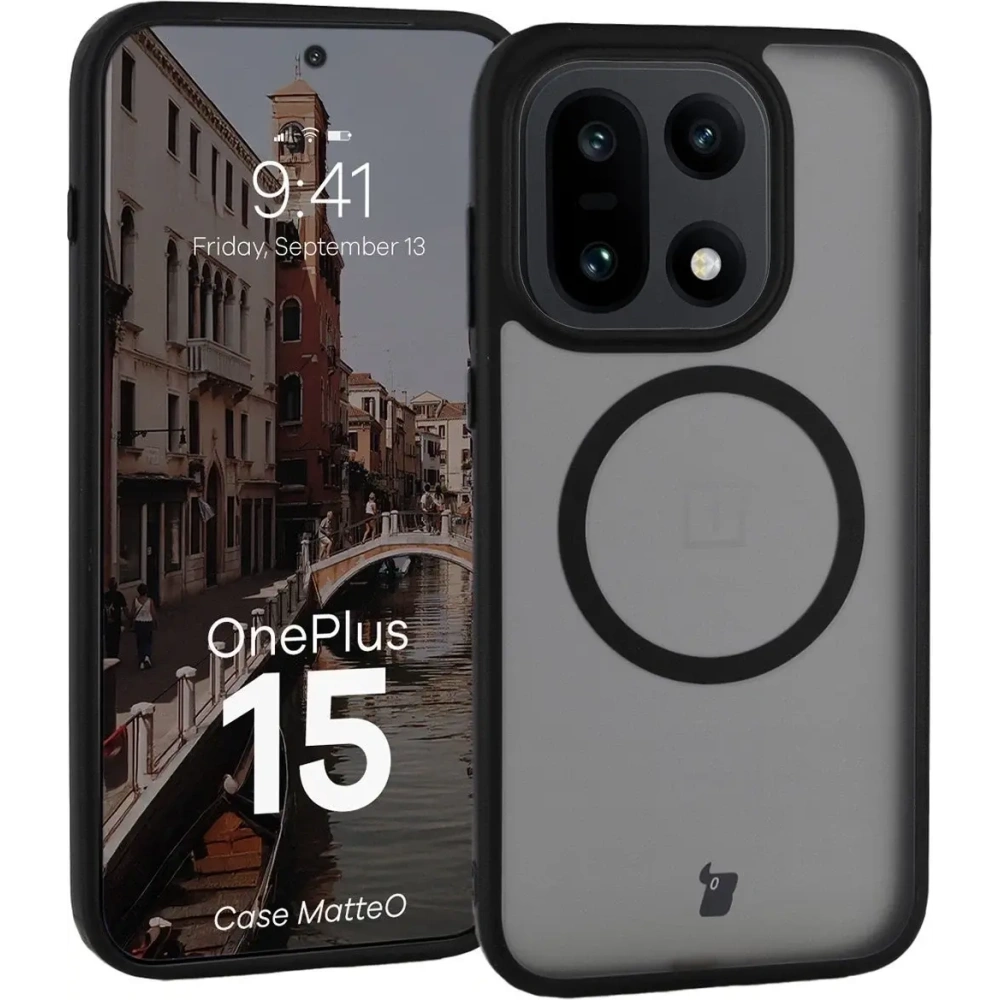 Etui z pierścieniem magnetycznym Bizon Case MatteO do OnePlus 15 przydymione-czarne