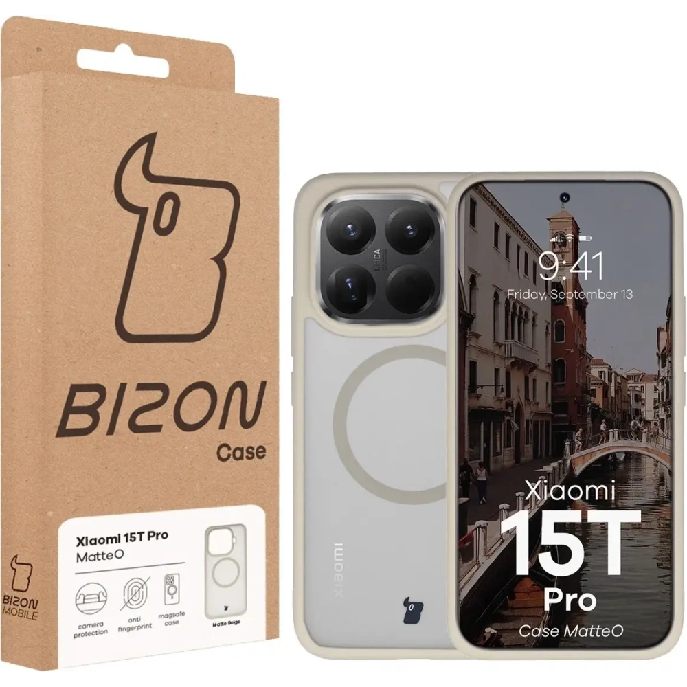 Etui z pierścieniem magnetycznym Bizon Case MatteO do Xiaomi 15T Pro przydymione-beżowe