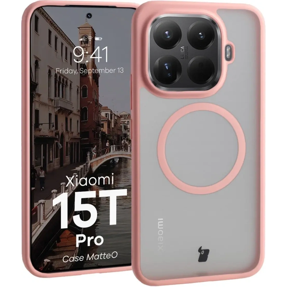 Etui z pierścieniem magnetycznym Bizon Case MatteO do Xiaomi 15T Pro przydymione-jasnoróżowe