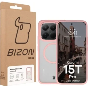 Etui z pierścieniem magnetycznym Bizon Case MatteO do Xiaomi 15T Pro przydymione-jasnoróżowe