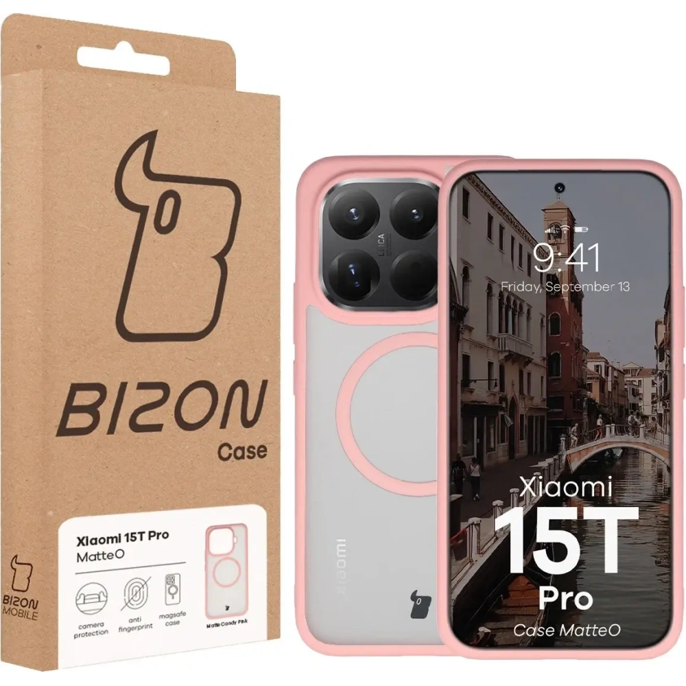 Etui z pierścieniem magnetycznym Bizon Case MatteO do Xiaomi 15T Pro przydymione-jasnoróżowe