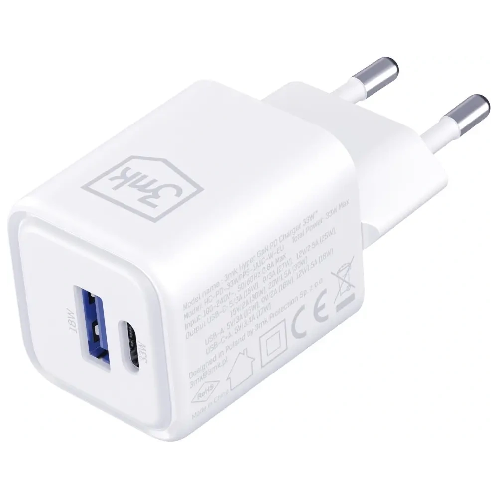 Ładowarka sieciowa 3MK Hyper Charger PD 33W GaN QC4+ PPS AFC FCP SCP USB-A + USB-C biały