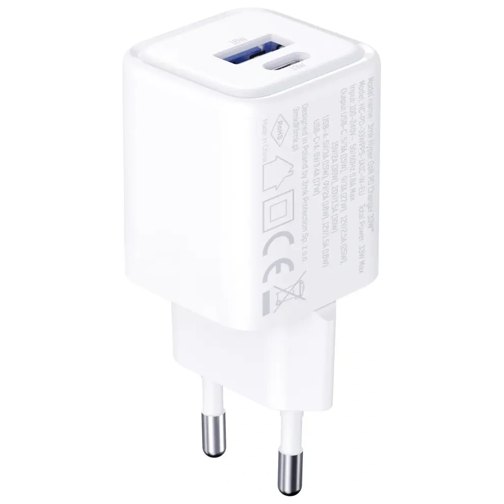 Ładowarka sieciowa 3MK Hyper Charger PD 33W GaN QC4+ PPS AFC FCP SCP USB-A + USB-C biały