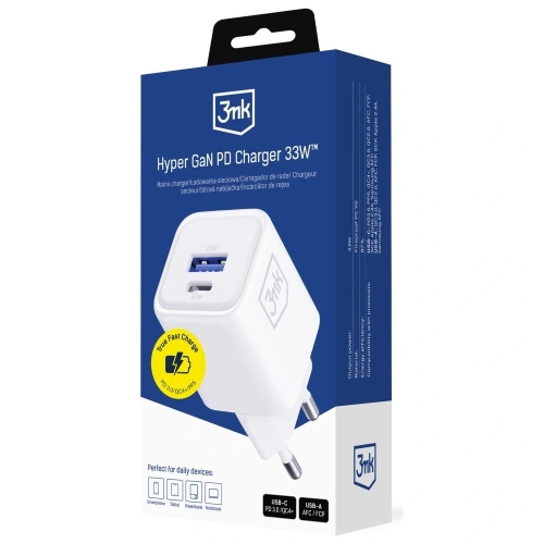 Ładowarka sieciowa 3MK Hyper Charger PD 33W GaN QC4+ PPS AFC FCP SCP USB-A + USB-C biały