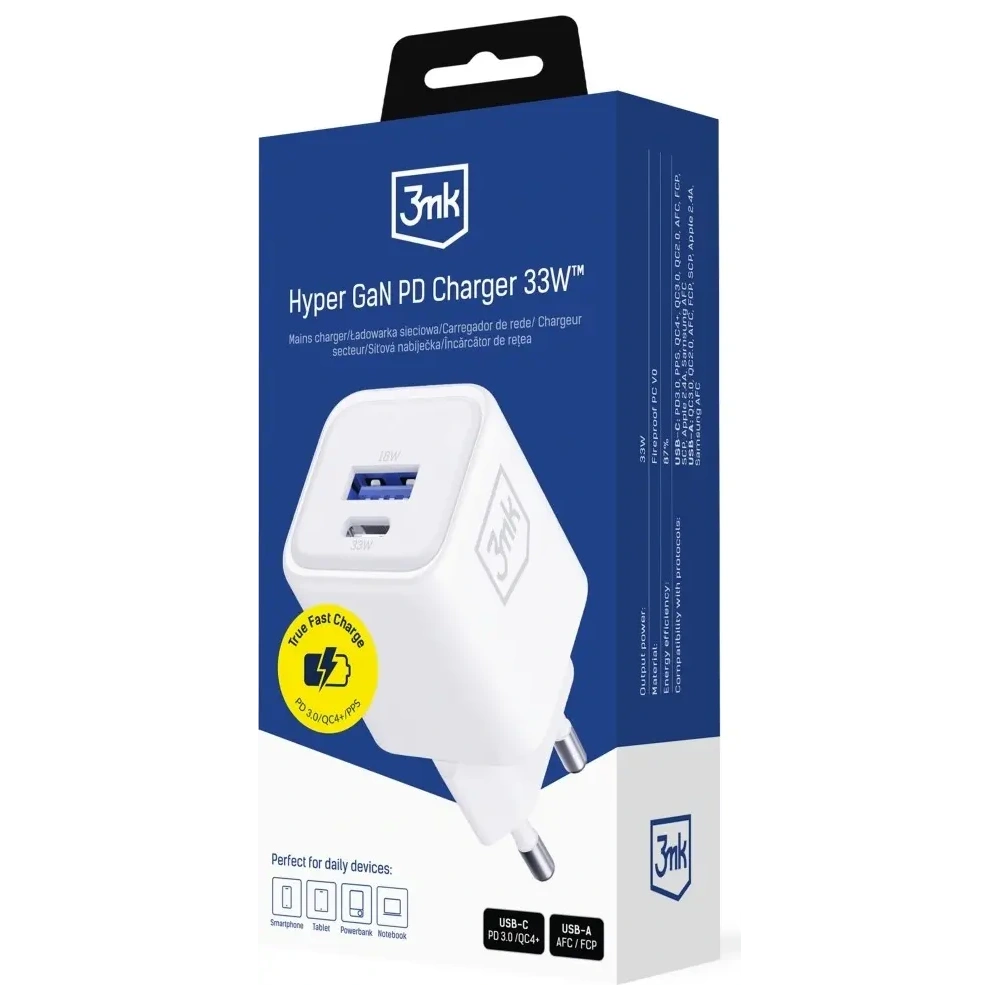 Ładowarka sieciowa 3MK Hyper Charger PD 33W GaN QC4+ PPS AFC FCP SCP USB-A + USB-C biały