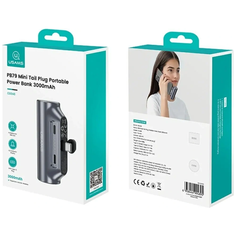 Powerbank USAMS PB79 Mini Tail Plug Portable 3000mAh USB-C srebrny