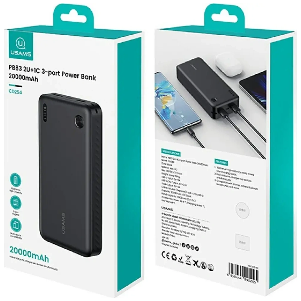 Powerbank USAMS PB83 2xUSB-A, USB-C 20000mAh czarny