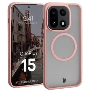 Etui z pierścieniem magnetycznym Bizon Case MatteO do OnePlus 15 przydymione-jasnoróżowe