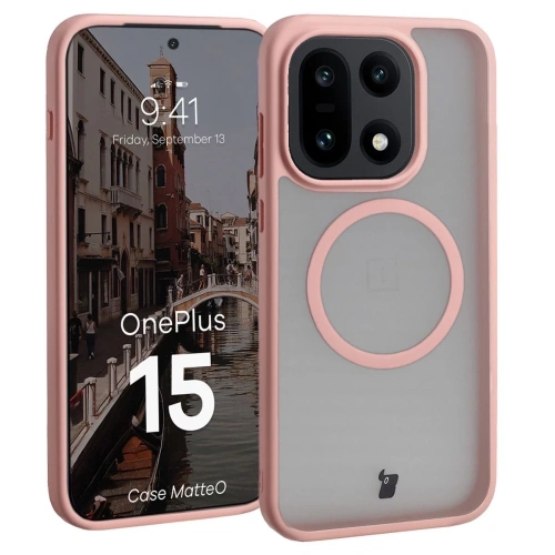 Etui z pierścieniem magnetycznym Bizon Case MatteO do OnePlus 15 przydymione-jasnoróżowe