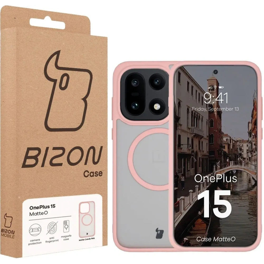 Etui z pierścieniem magnetycznym Bizon Case MatteO do OnePlus 15 przydymione-jasnoróżowe