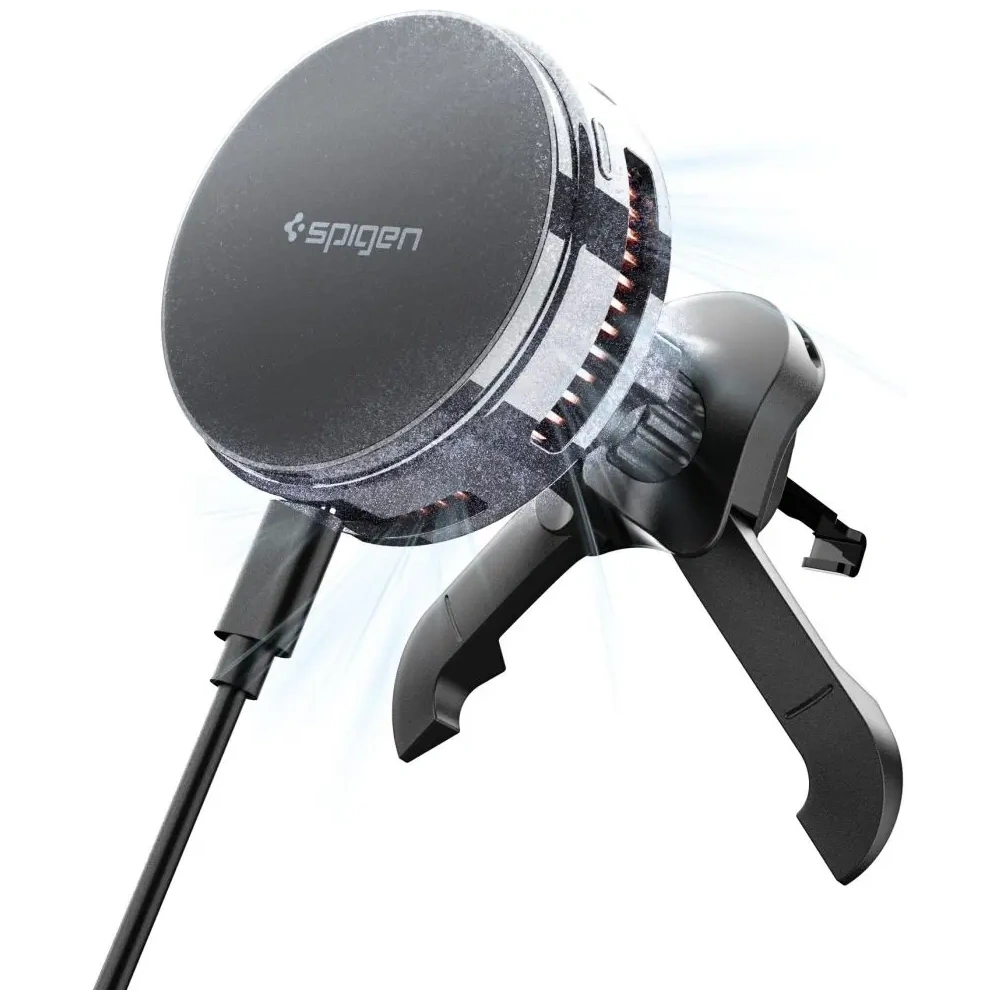 Uchwyt samochodowy do kratki z ładowarką indukcyjną Spigen Essential EV25MFAQ Qi2.2 Peltier Magnetic MagSafe Vent Car Mount Wireless Charger Black