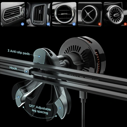 Uchwyt samochodowy do kratki z ładowarką indukcyjną Spigen Essential EV25MFAQ Qi2.2 Peltier Magnetic MagSafe Vent Car Mount Wireless Charger Black