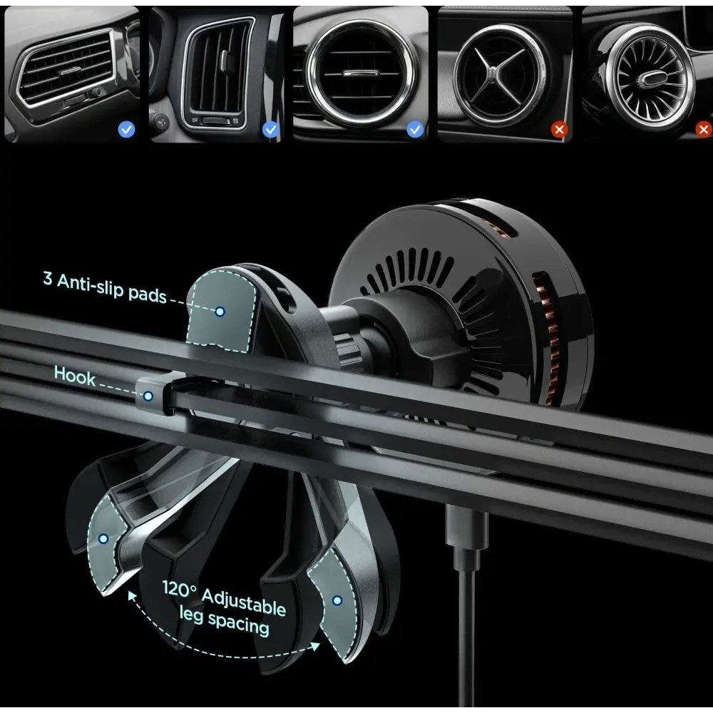 Uchwyt samochodowy do kratki z ładowarką indukcyjną Spigen Essential EV25MFAQ Qi2.2 Peltier Magnetic MagSafe Vent Car Mount Wireless Charger Black