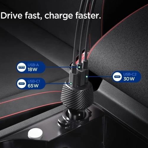 Ładowarka samochodowa Spigen Essential EV1133 USB-A 18W, USB-C 30W, USB-C 65W Car Charger 113W Black