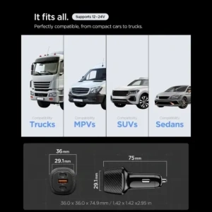 Ładowarka samochodowa Spigen Essential EV1133 USB-A 18W, USB-C 30W, USB-C 65W Car Charger 113W Black