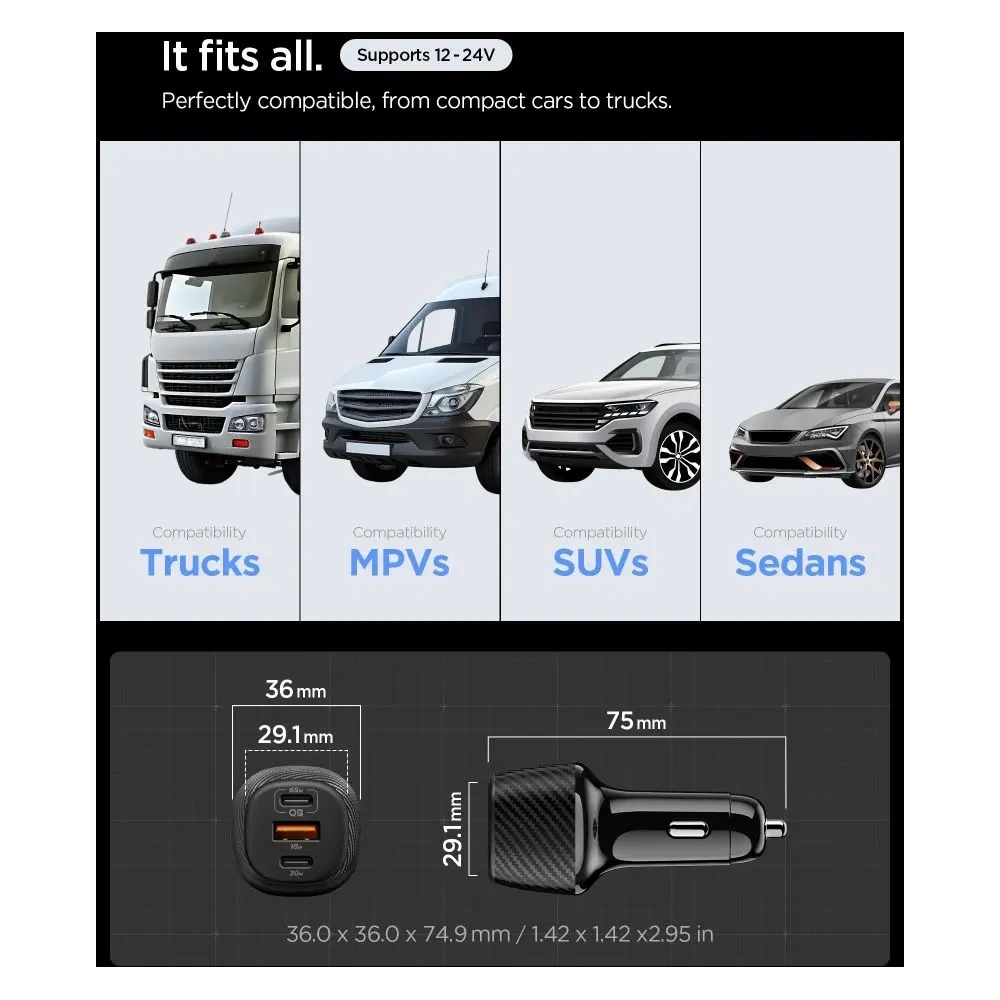 Ładowarka samochodowa Spigen Essential EV1133 USB-A 18W, USB-C 30W, USB-C 65W Car Charger 113W Black