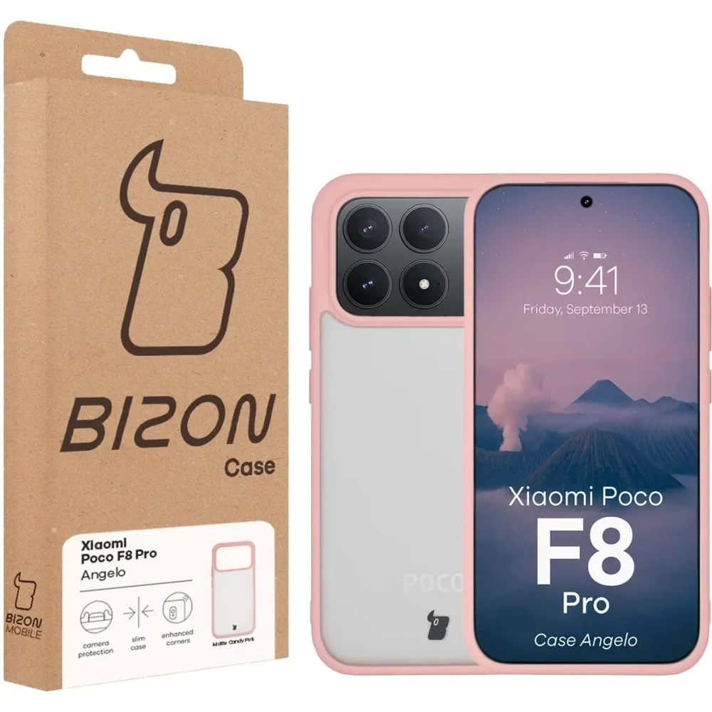 Etui Bizon Case Angelo do Xiaomi POCO F8 Pro półprzezroczyste z jasnoróżową ramką
