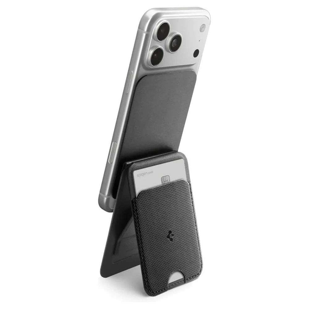 Stojak na telefon z miejscem na karty Spigen S314-3 Slim Fold Tripod MagSafe Universal Magnetic Card Holder Black