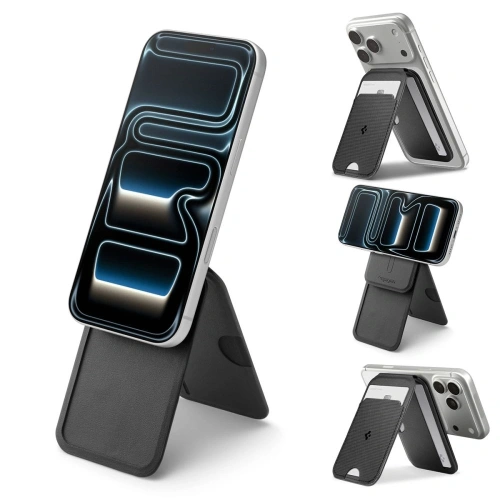 Stojak na telefon z miejscem na karty Spigen S314-2 Slim Fold Tripod MagSafe Universal Magnetic Card Holder Black