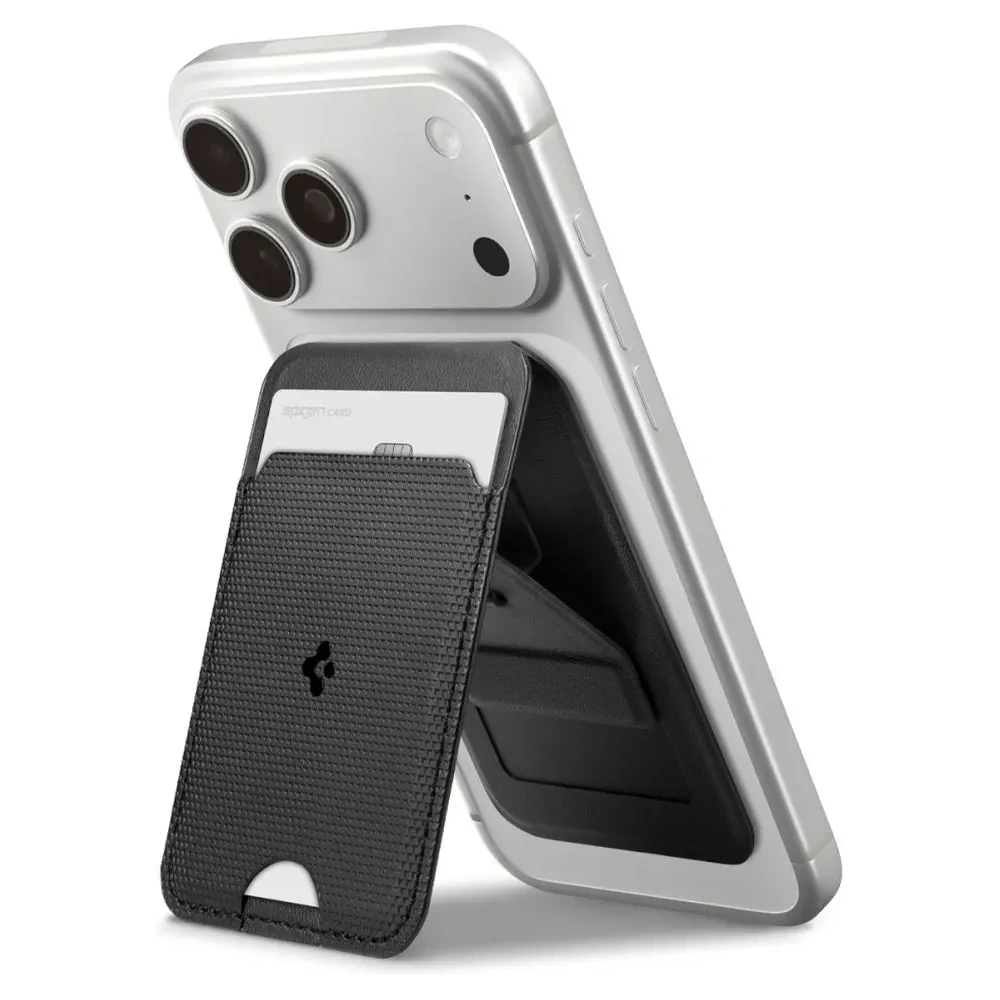 Stojak na telefon z miejscem na karty Spigen S314-1 Slim Fold Tripod MagSafe Universal Magnetic Card Holder Black