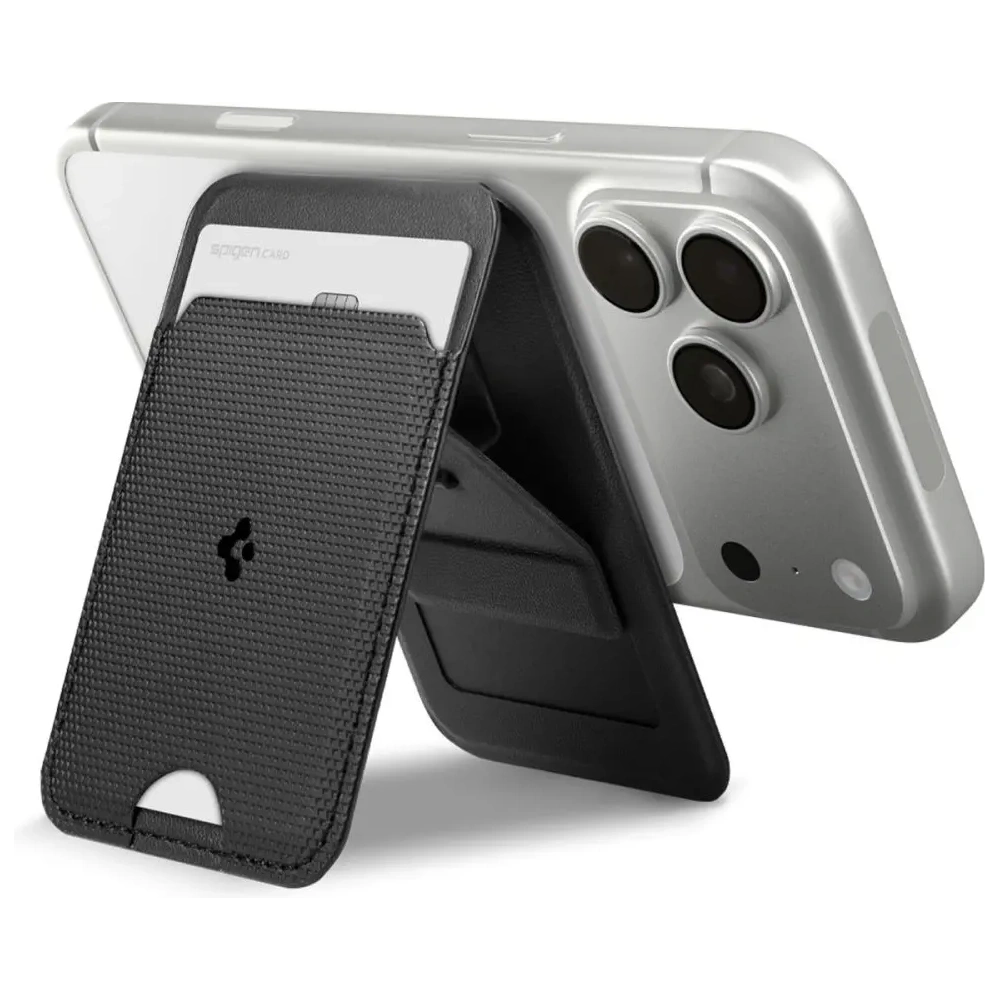 Stojak na telefon z miejscem na karty Spigen S314-1 Slim Fold Tripod MagSafe Universal Magnetic Card Holder Black