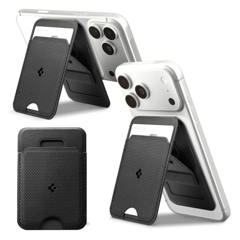 Stojak na telefon z miejscem na karty Spigen S314-1 Slim Fold Tripod MagSafe Universal Magnetic Card Holder Black
