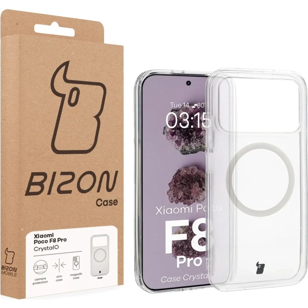 Etui z pierścieniem magnetycznym Bizon Case CrystalO do Xiaomi POCO F8 Pro przezroczyste
