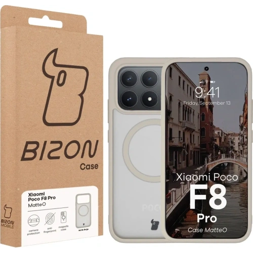 Etui z pierścieniem magnetycznym Bizon Case MatteO do Xiaomi POCO F8 Pro przydymione-beżowe