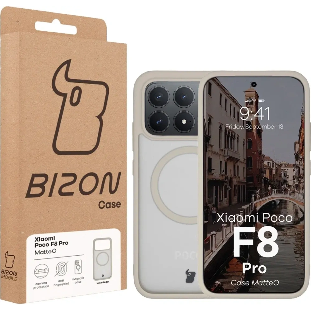 Etui z pierścieniem magnetycznym Bizon Case MatteO do Xiaomi POCO F8 Pro przydymione-beżowe