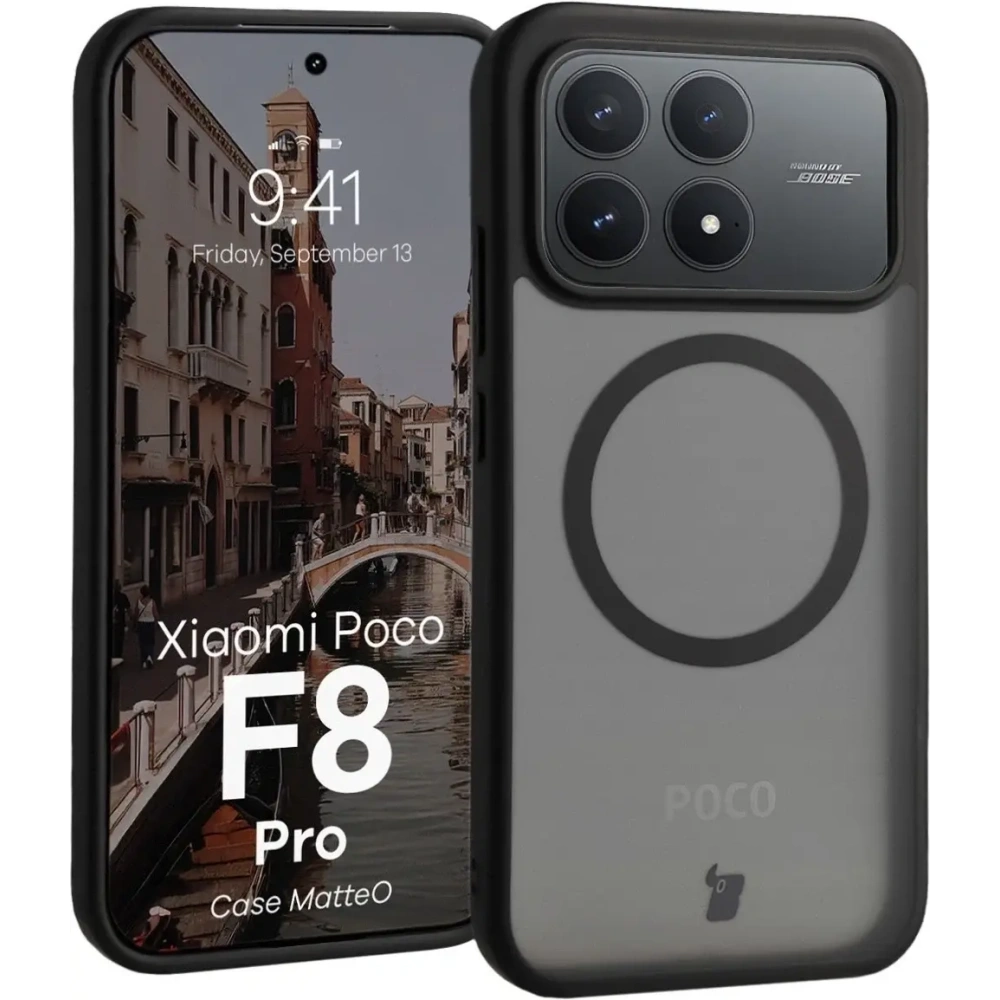 Etui z pierścieniem magnetycznym Bizon Case MatteO do Xiaomi POCO F8 Pro przydymione-czarne