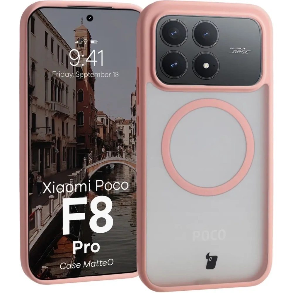 Etui z pierścieniem magnetycznym Bizon Case MatteO do Xiaomi POCO F8 Pro przydymione-jasnoróżowe