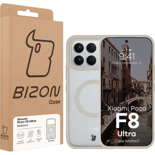 Etui z pierścieniem magnetycznym Bizon Case MatteO do Xiaomi POCO F8 Ultra przydymione-beżowe