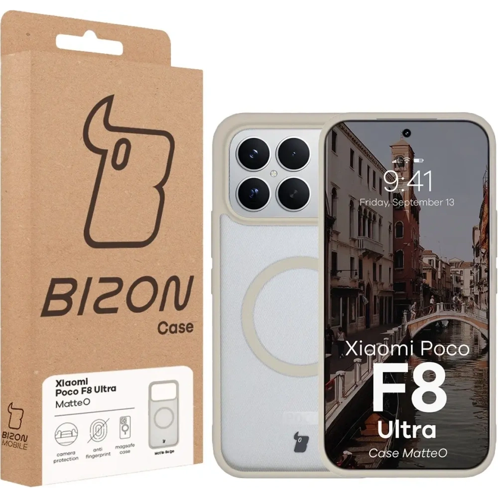 Etui z pierścieniem magnetycznym Bizon Case MatteO do Xiaomi POCO F8 Ultra przydymione-beżowe