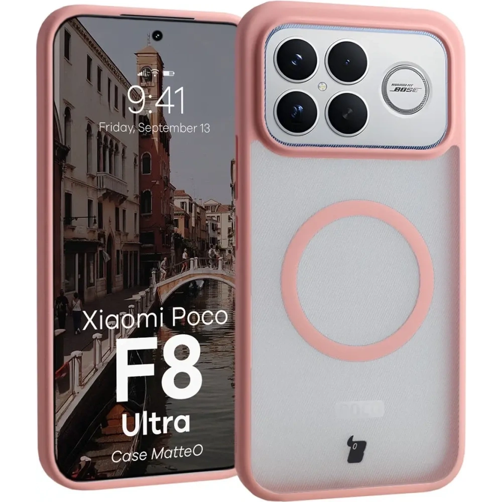 Etui z pierścieniem magnetycznym Bizon Case MatteO do Xiaomi POCO F8 Ultra przydymione-jasnoróżowe