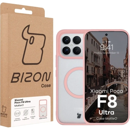 Etui z pierścieniem magnetycznym Bizon Case MatteO do Xiaomi POCO F8 Ultra przydymione-jasnoróżowe