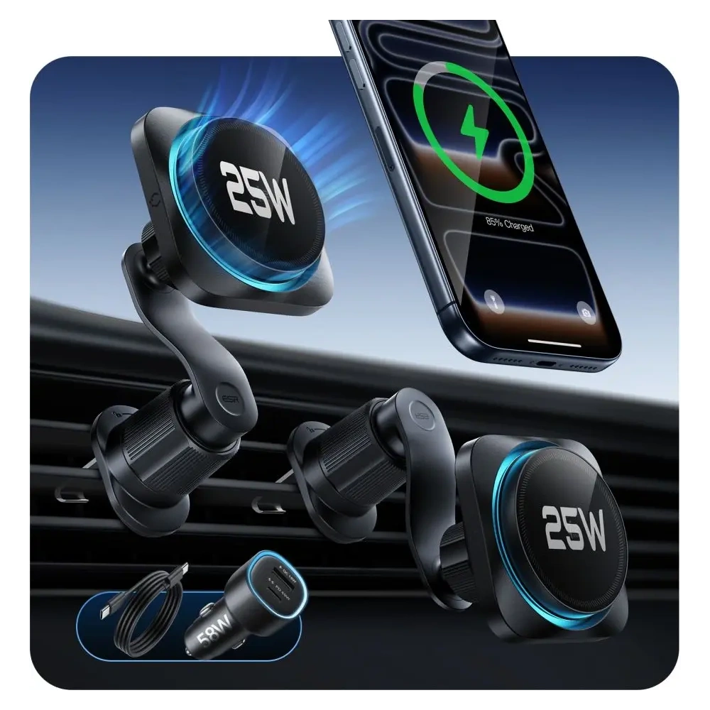 Uchwyt samochodowy do kratki z ładowarką bezprzewodową ESR OmniLock Cryoboost Magnetic MagSafe Vent Car Mount Wireless Charger Qi2.2 25W Black